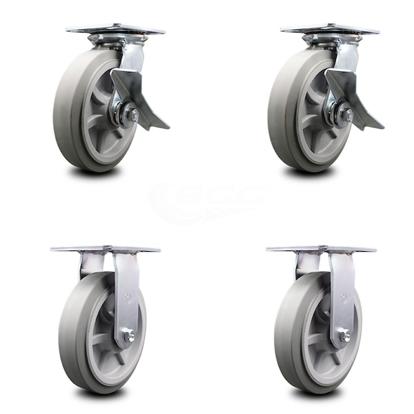 8 Inch Thermoplastic Caster Set with Ball Bearing 2 Brakes and 2 Rigid SCC